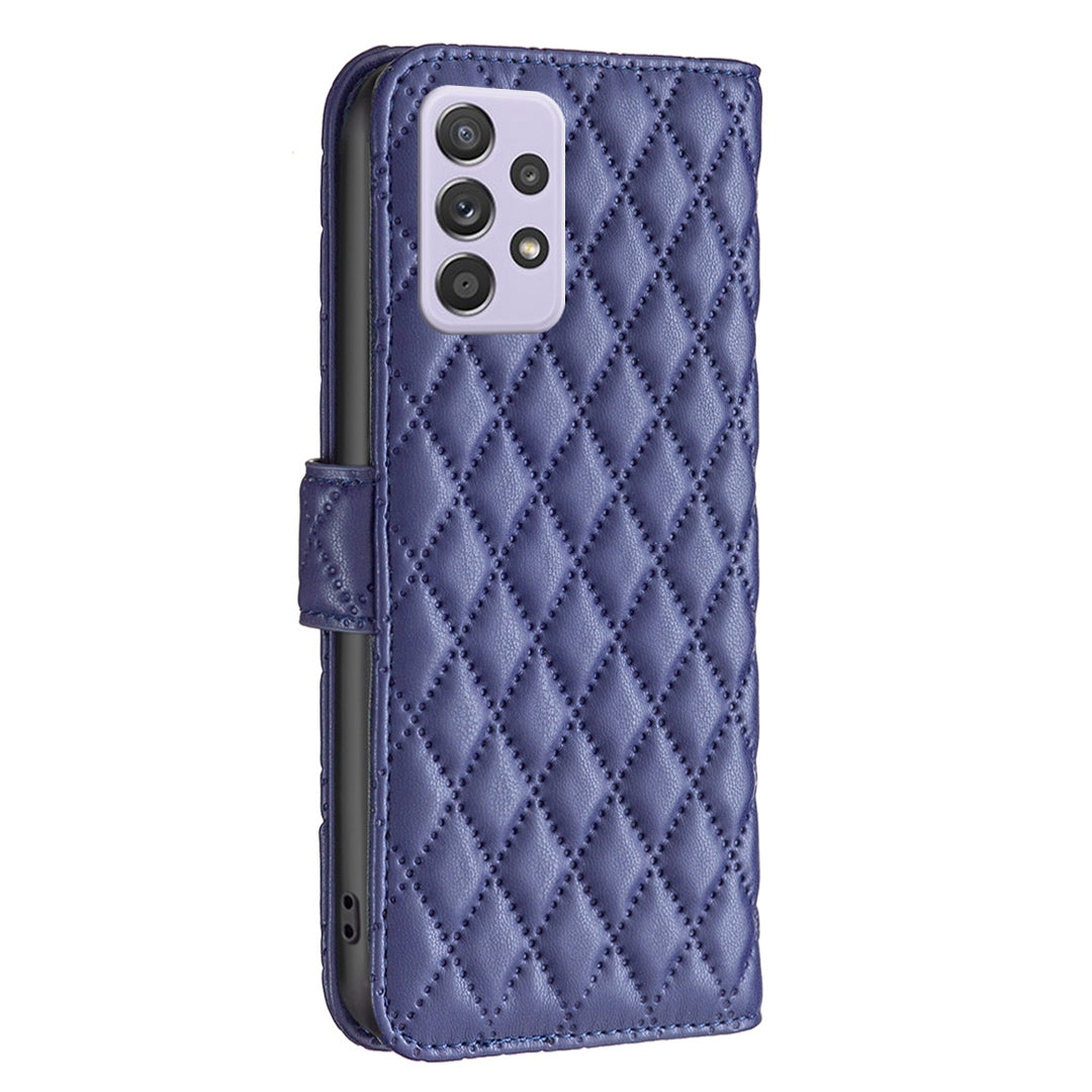 BINFEN COLOR For Samsung Galaxy A52 4G / 5G / A52s 5G PU Leather Shell, BF Style-14 Imprinted Rhombus Pattern Wallet Cover Matte Phone Stand Case