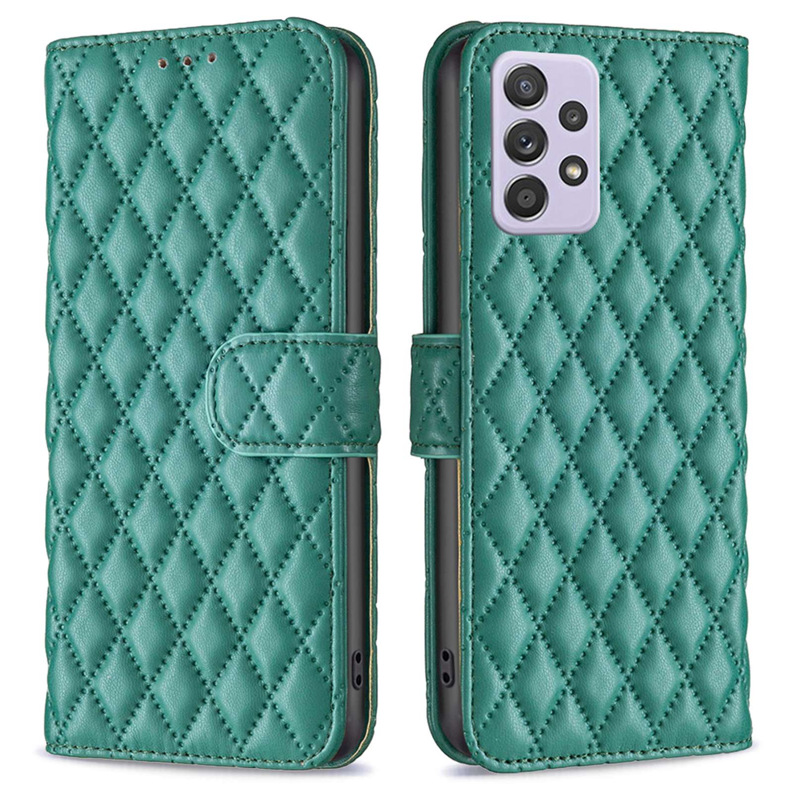 BINFEN COLOR For Samsung Galaxy A52 4G / 5G / A52s 5G PU Leather Shell, BF Style-14 Imprinted Rhombus Pattern Wallet Cover Matte Phone Stand Case