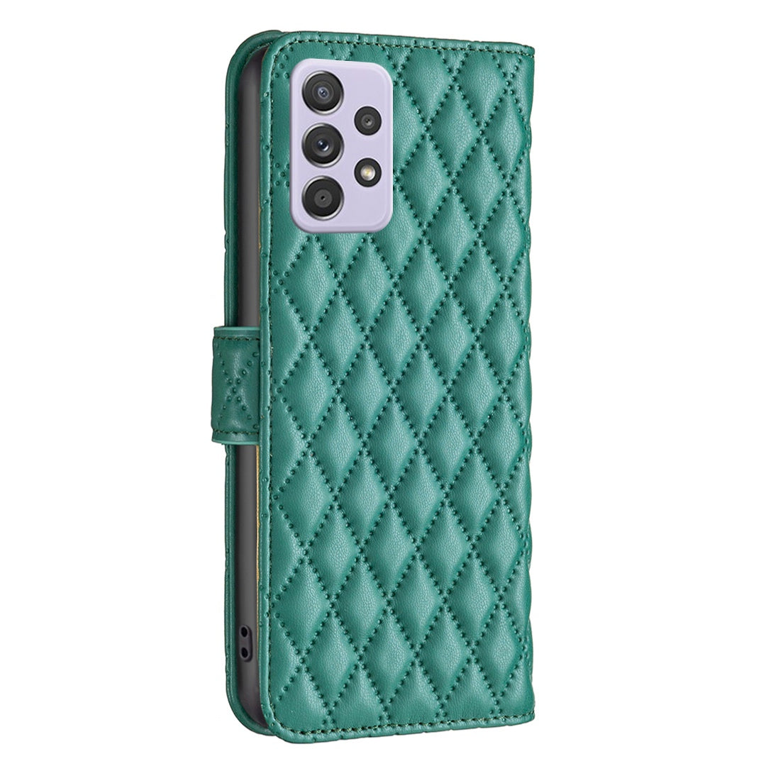 BINFEN COLOR For Samsung Galaxy A52 4G / 5G / A52s 5G PU Leather Shell, BF Style-14 Imprinted Rhombus Pattern Wallet Cover Matte Phone Stand Case