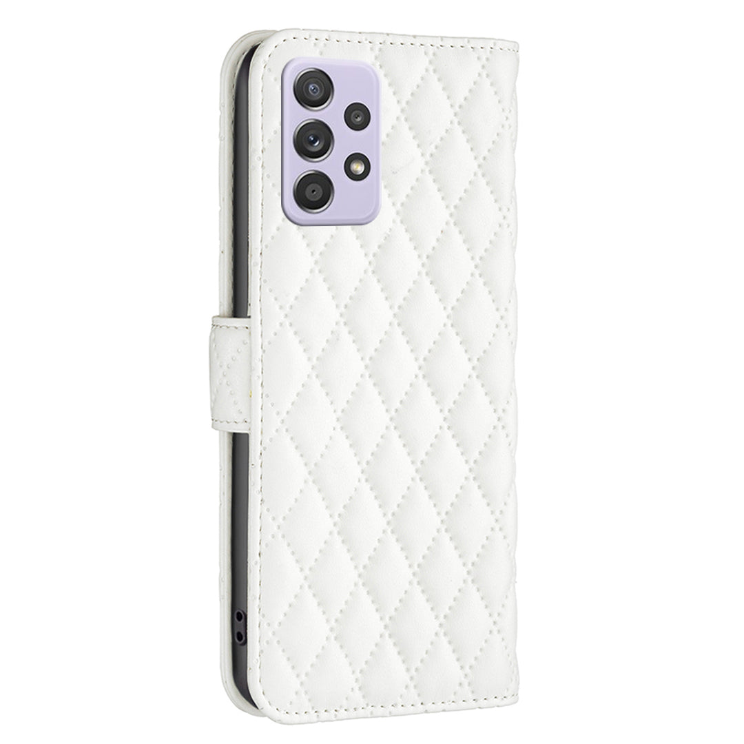 BINFEN COLOR For Samsung Galaxy A52 4G / 5G / A52s 5G PU Leather Shell, BF Style-14 Imprinted Rhombus Pattern Wallet Cover Matte Phone Stand Case