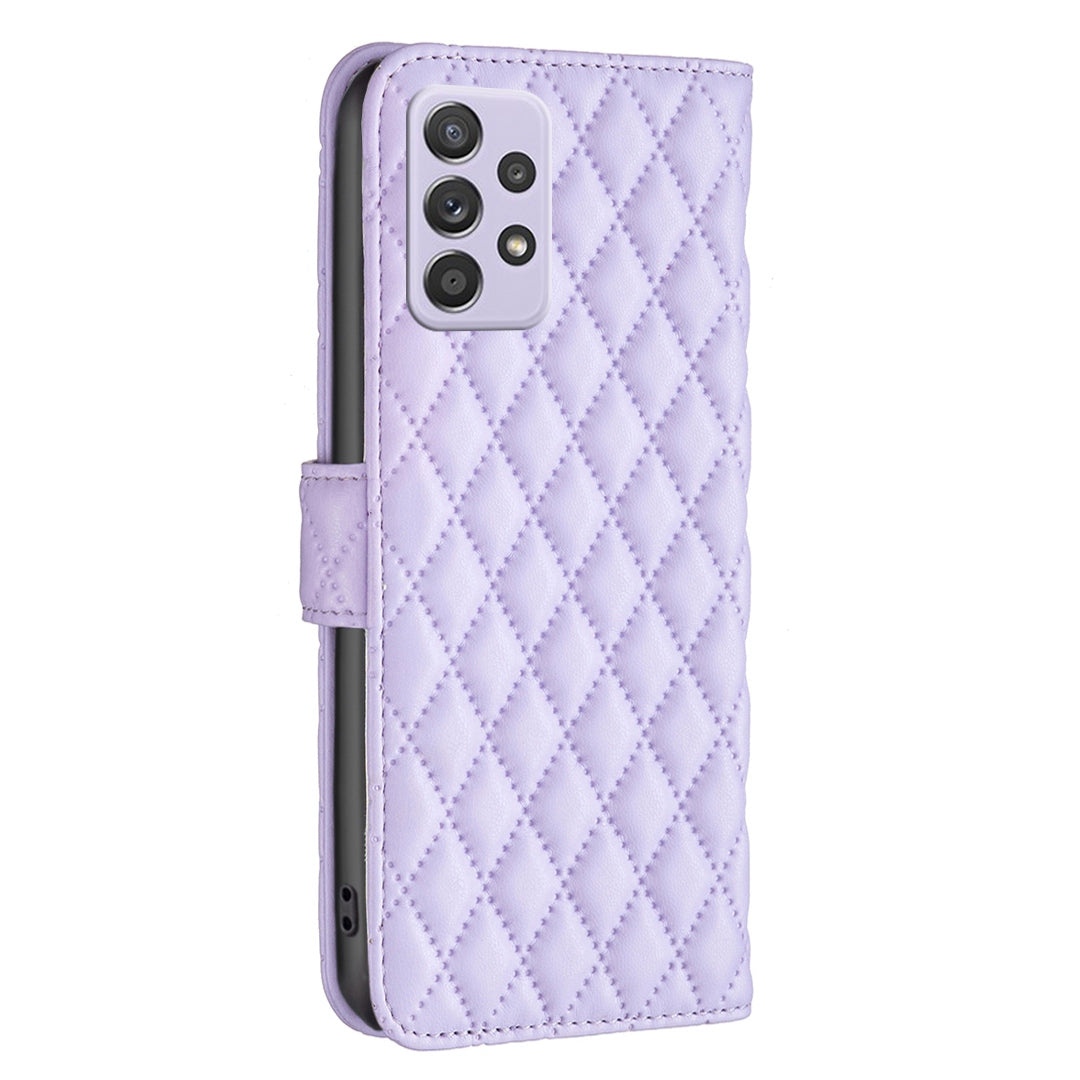 BINFEN COLOR For Samsung Galaxy A52 4G / 5G / A52s 5G PU Leather Shell, BF Style-14 Imprinted Rhombus Pattern Wallet Cover Matte Phone Stand Case