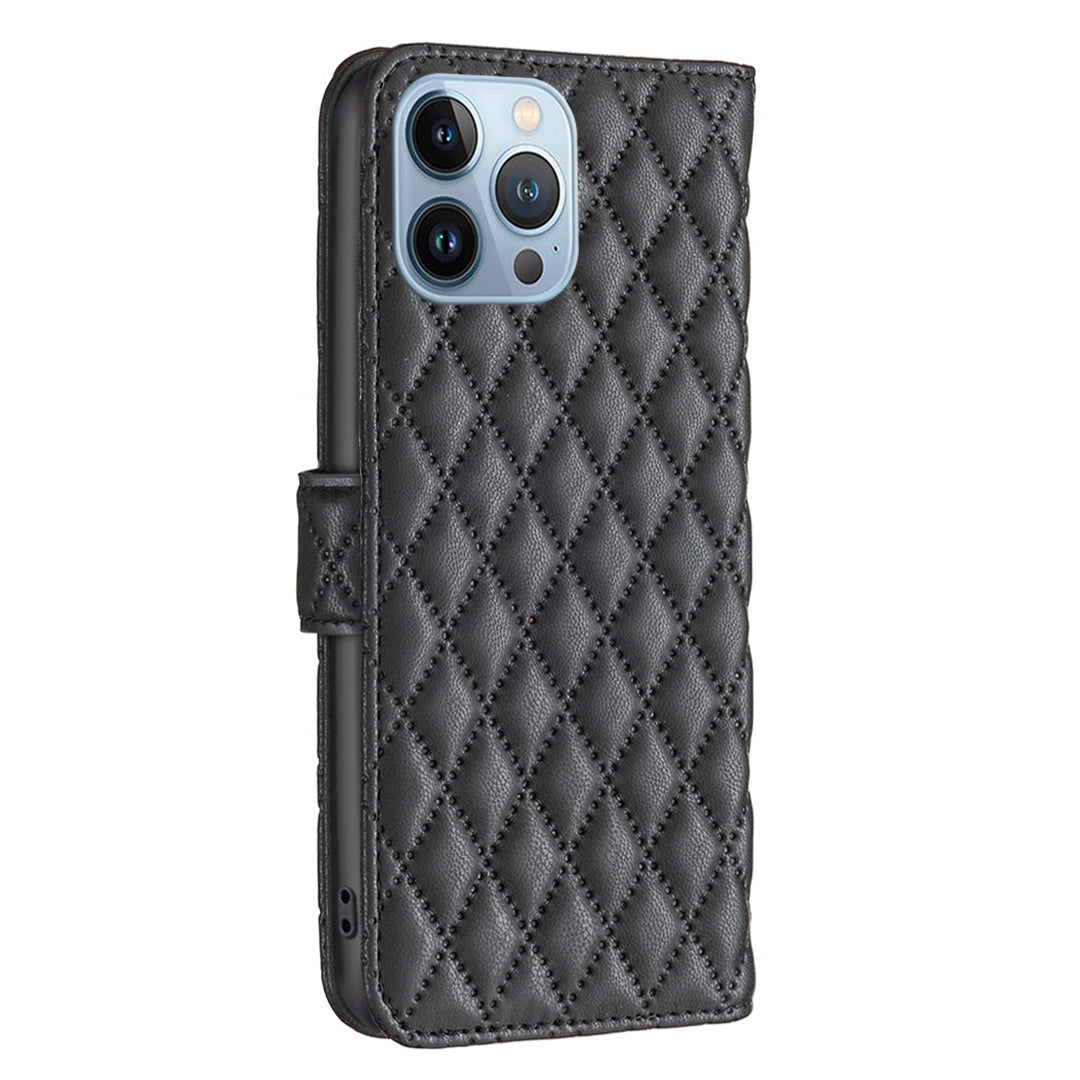 BINFEN COLOR Matte Phone Cover for iPhone 13 Pro 6.1 inch BF Style-14 Full Coverage PU Leather Flip Wallet Case Stand with Imprinted Rhombus Pattern