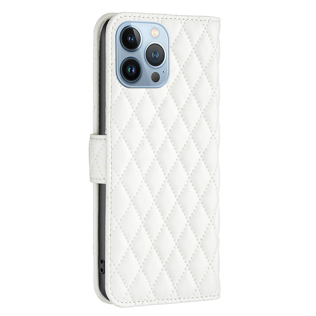 BINFEN COLOR Matte Phone Cover for iPhone 13 Pro 6.1 inch BF Style-14 Full Coverage PU Leather Flip Wallet Case Stand with Imprinted Rhombus Pattern
