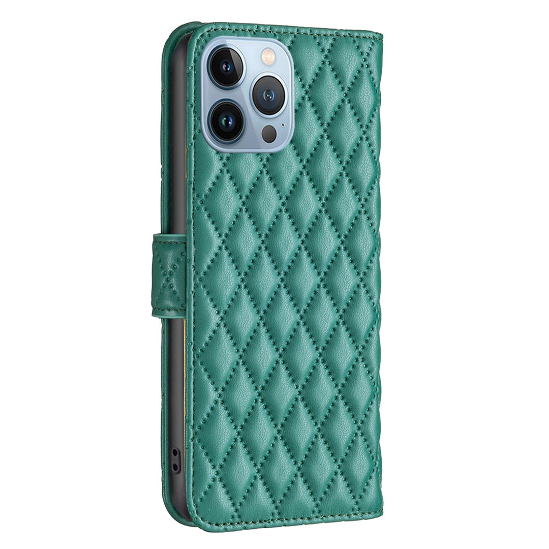 BINFEN COLOR Matte Phone Cover for iPhone 13 Pro 6.1 inch BF Style-14 Full Coverage PU Leather Flip Wallet Case Stand with Imprinted Rhombus Pattern