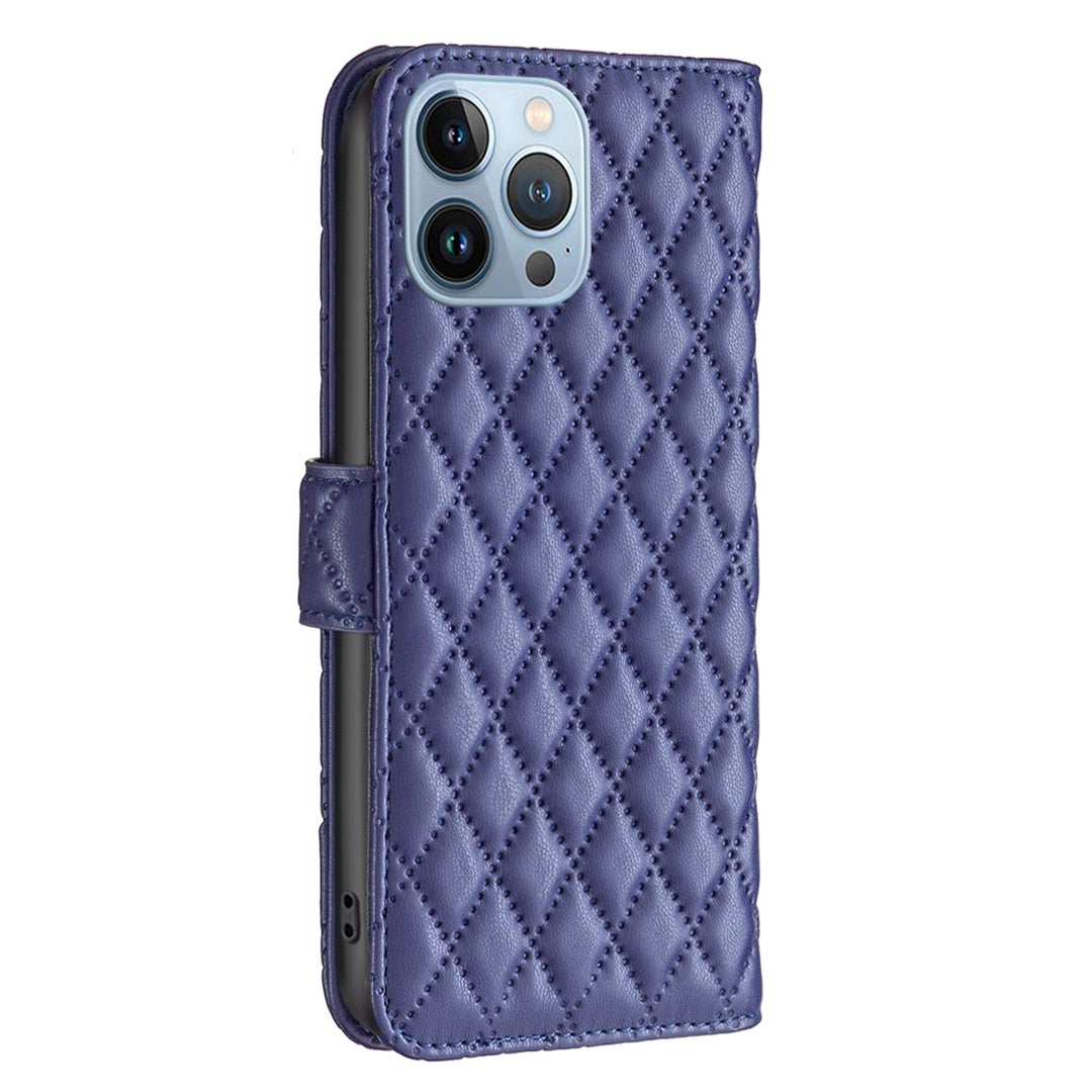 BINFEN COLOR Matte Phone Cover for iPhone 13 Pro 6.1 inch BF Style-14 Full Coverage PU Leather Flip Wallet Case Stand with Imprinted Rhombus Pattern