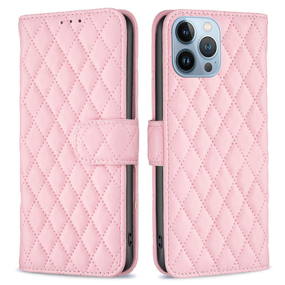 BINFEN COLOR Matte Phone Cover for iPhone 13 Pro 6.1 inch BF Style-14 Full Coverage PU Leather Flip Wallet Case Stand with Imprinted Rhombus Pattern