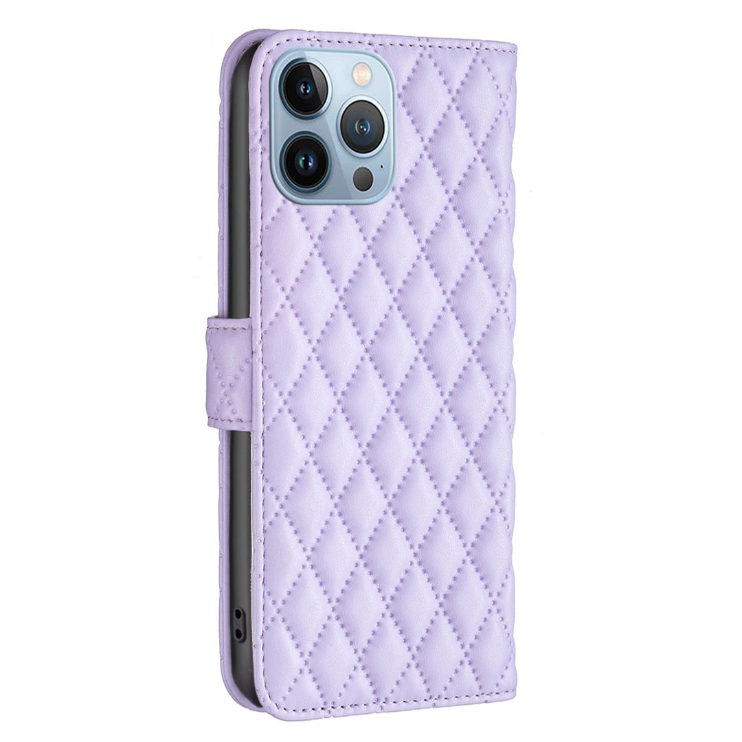BINFEN COLOR Matte Phone Cover for iPhone 13 Pro 6.1 inch BF Style-14 Full Coverage PU Leather Flip Wallet Case Stand with Imprinted Rhombus Pattern
