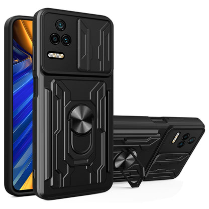 For Xiaomi Redmi K40S 5G / Poco F4 5G Card Holder Ring Kickstand Phone Case Slide Camera Cover PC + TPU Hybrid Shell