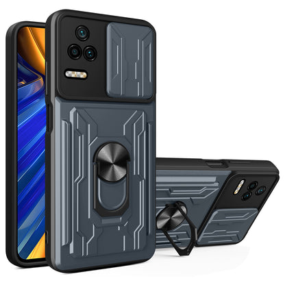 For Xiaomi Redmi K40S 5G / Poco F4 5G Card Holder Ring Kickstand Phone Case Slide Camera Cover PC + TPU Hybrid Shell
