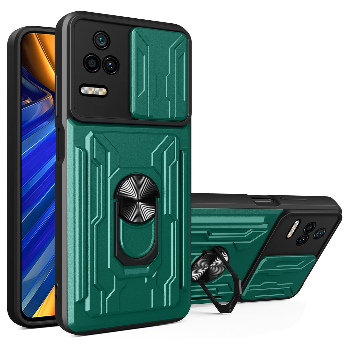 For Xiaomi Redmi K40S 5G / Poco F4 5G Card Holder Ring Kickstand Phone Case Slide Camera Cover PC + TPU Hybrid Shell