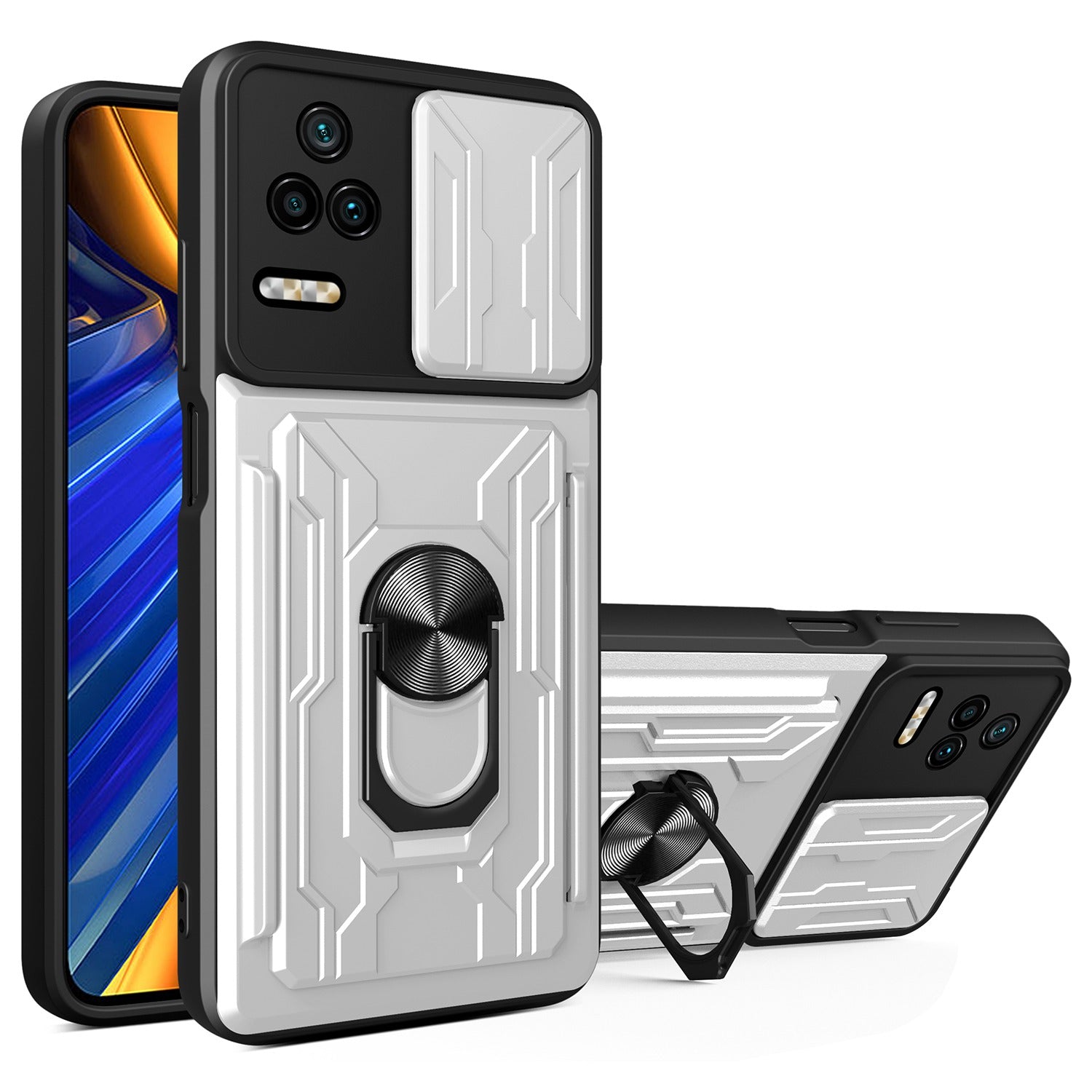 For Xiaomi Redmi K40S 5G / Poco F4 5G Card Holder Ring Kickstand Phone Case Slide Camera Cover PC + TPU Hybrid Shell