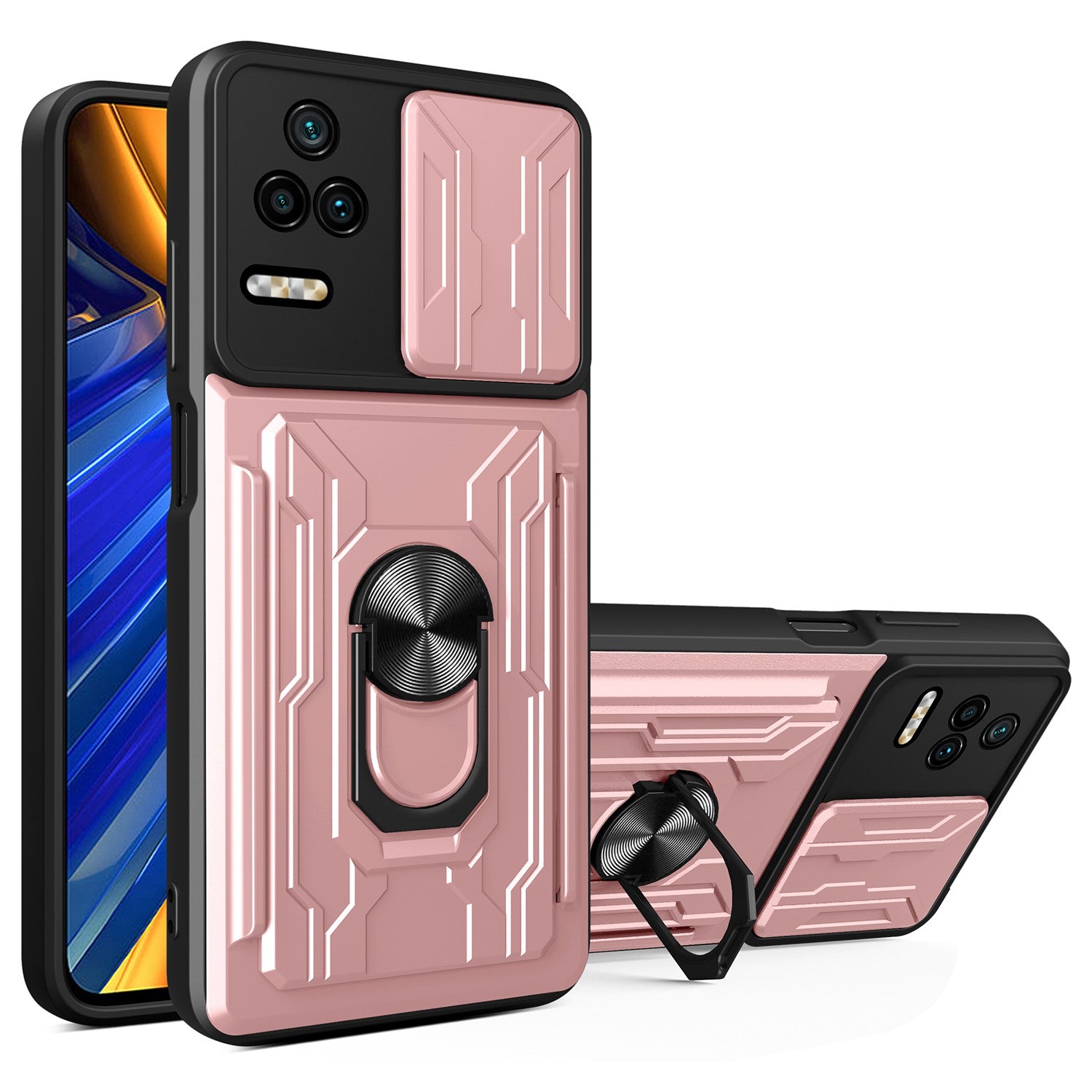 For Xiaomi Redmi K40S 5G / Poco F4 5G Card Holder Ring Kickstand Phone Case Slide Camera Cover PC + TPU Hybrid Shell