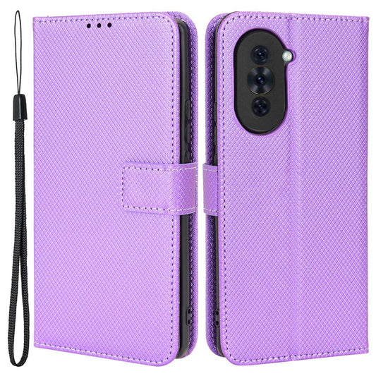 For Huawei nova 10 Pro 4G Diamond Texture PU Leather Phone Cover Wear-resistant Stand Wallet Feature Case with Wrist Strap