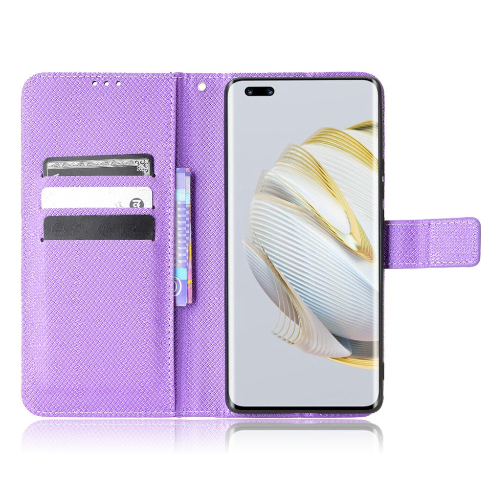 For Huawei nova 10 Pro 4G Diamond Texture PU Leather Phone Cover Wear-resistant Stand Wallet Feature Case with Wrist Strap