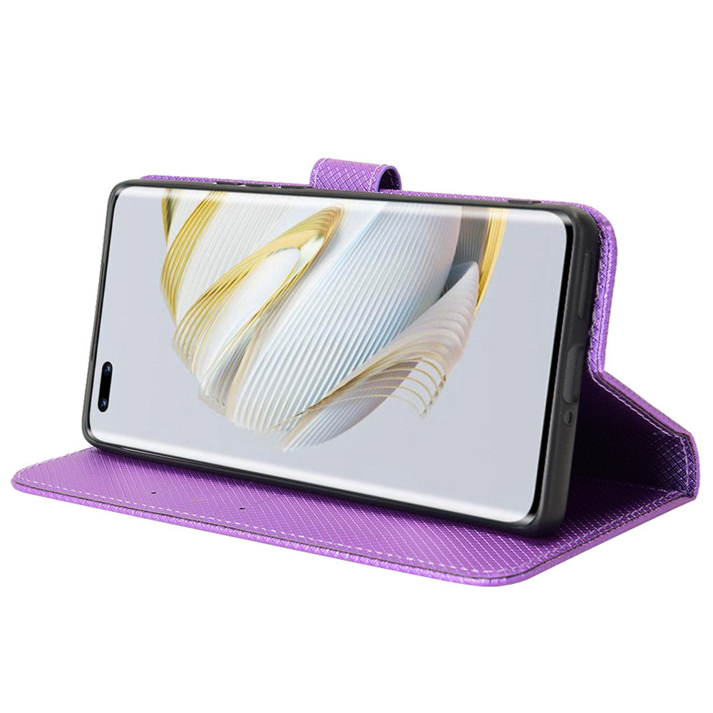 For Huawei nova 10 Pro 4G Diamond Texture PU Leather Phone Cover Wear-resistant Stand Wallet Feature Case with Wrist Strap