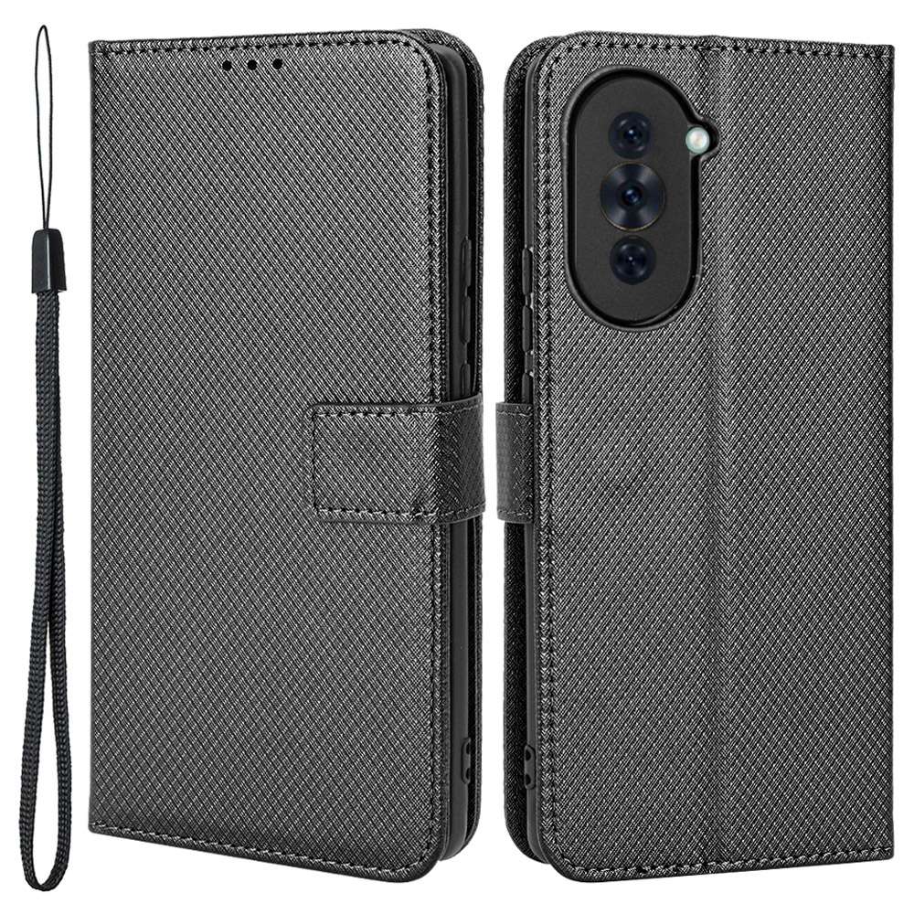 For Huawei nova 10 Pro 4G Diamond Texture PU Leather Phone Cover Wear-resistant Stand Wallet Feature Case with Wrist Strap