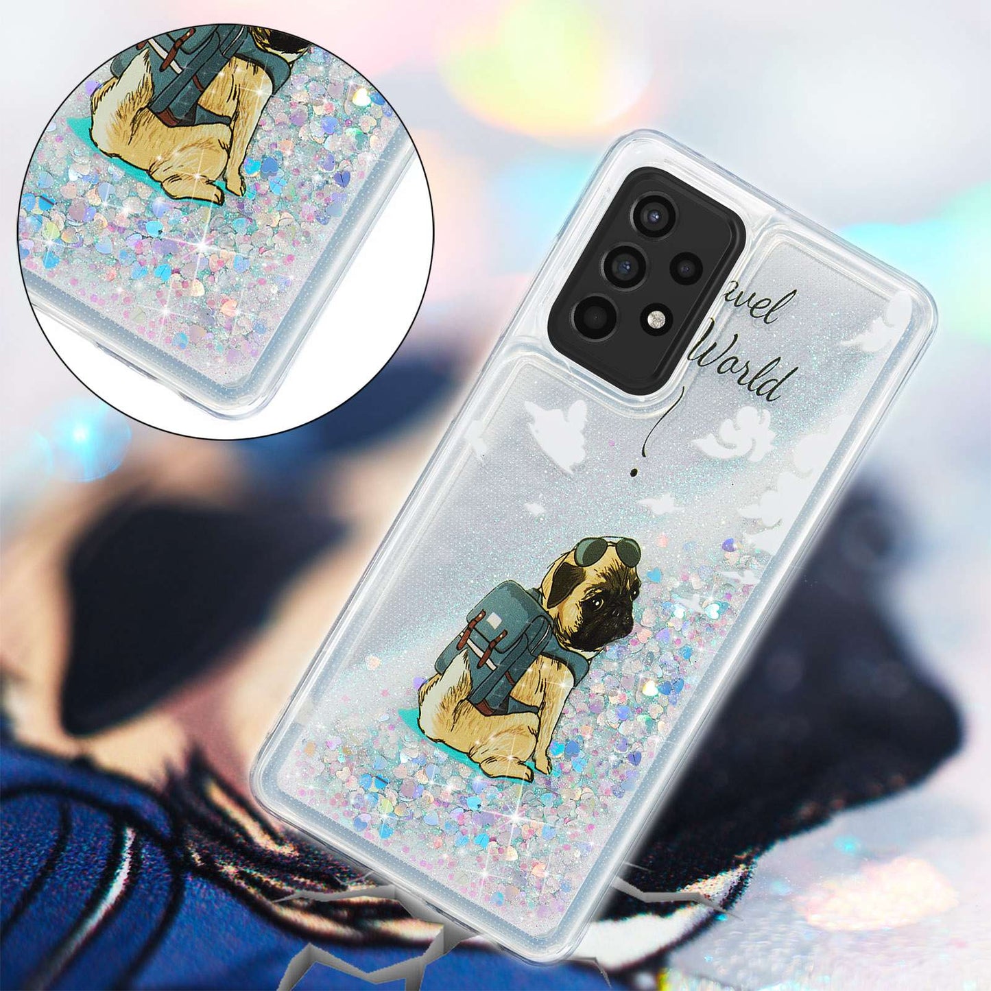 For Samsung Galaxy A13 4G Embossment Pattern Glitter Case Liquid Floating Quicksand Transparent TPU Phone Cover