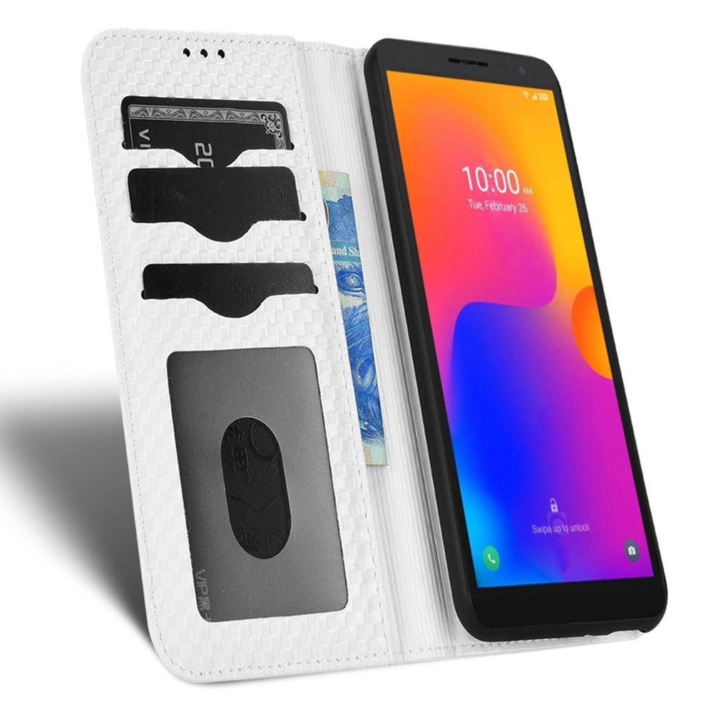 For Alcatel 1B (2022) / TCL 303 Grid Texture Folio Flip PU Leather Stand Case Magnetic Auto-absorbed Cell Phone Wallet Cover