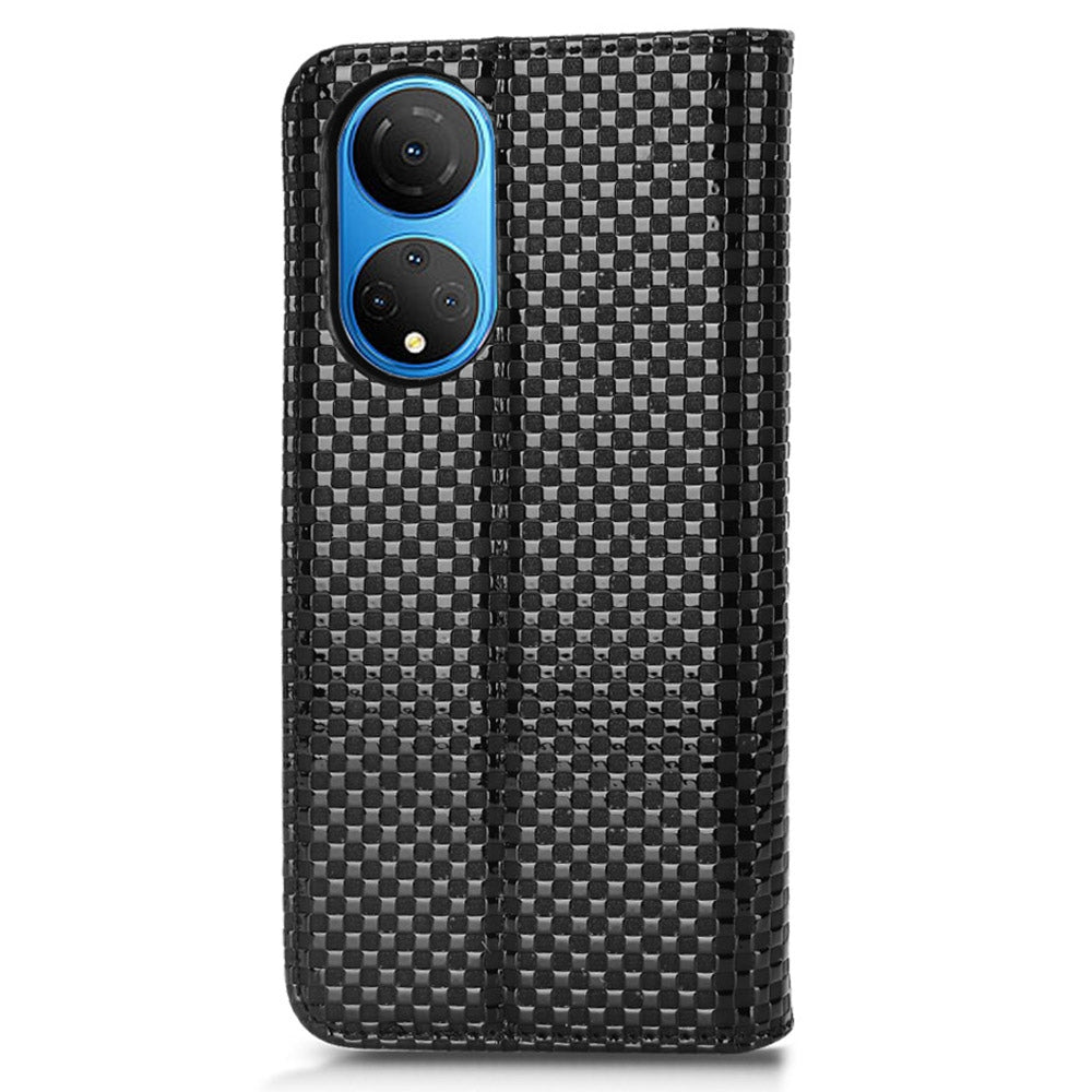 For Honor X7 Strong Magnetic Auto-absorbed Grid Texture PU Leather Stand Cell Phone Case Wallet Cover