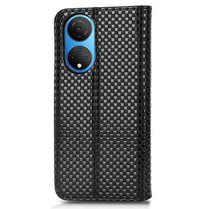 For Honor X7 Strong Magnetic Auto-absorbed Grid Texture PU Leather Stand Cell Phone Case Wallet Cover