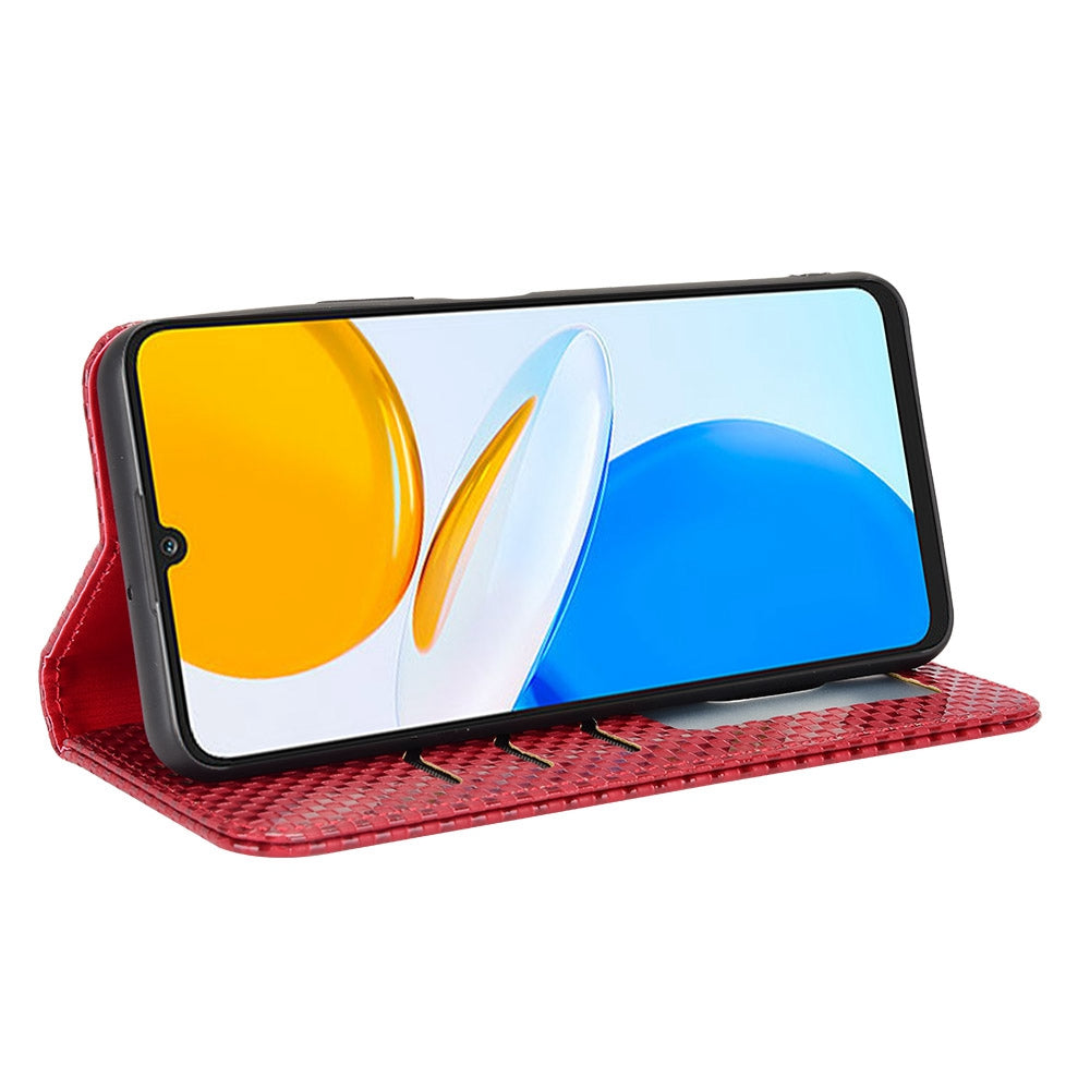 For Honor X7 Strong Magnetic Auto-absorbed Grid Texture PU Leather Stand Cell Phone Case Wallet Cover