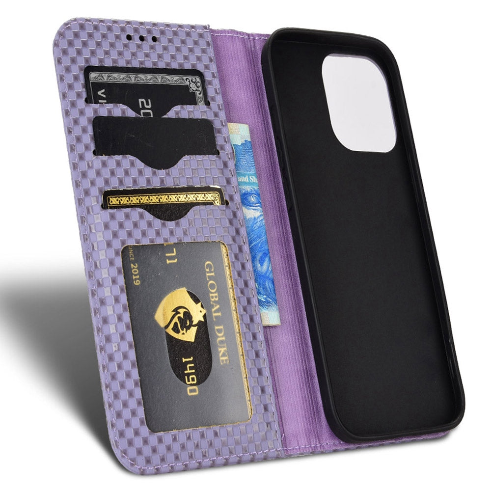 For iPhone 13 Pro 6.1 inch Grid Texture PU Leather Stand Case Magnetic Auto-absorbed Cell Phone Wallet Cover