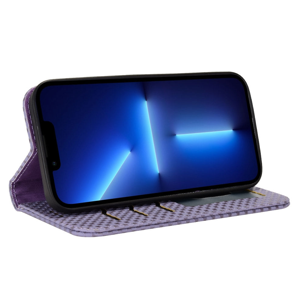 For iPhone 13 Pro 6.1 inch Grid Texture PU Leather Stand Case Magnetic Auto-absorbed Cell Phone Wallet Cover