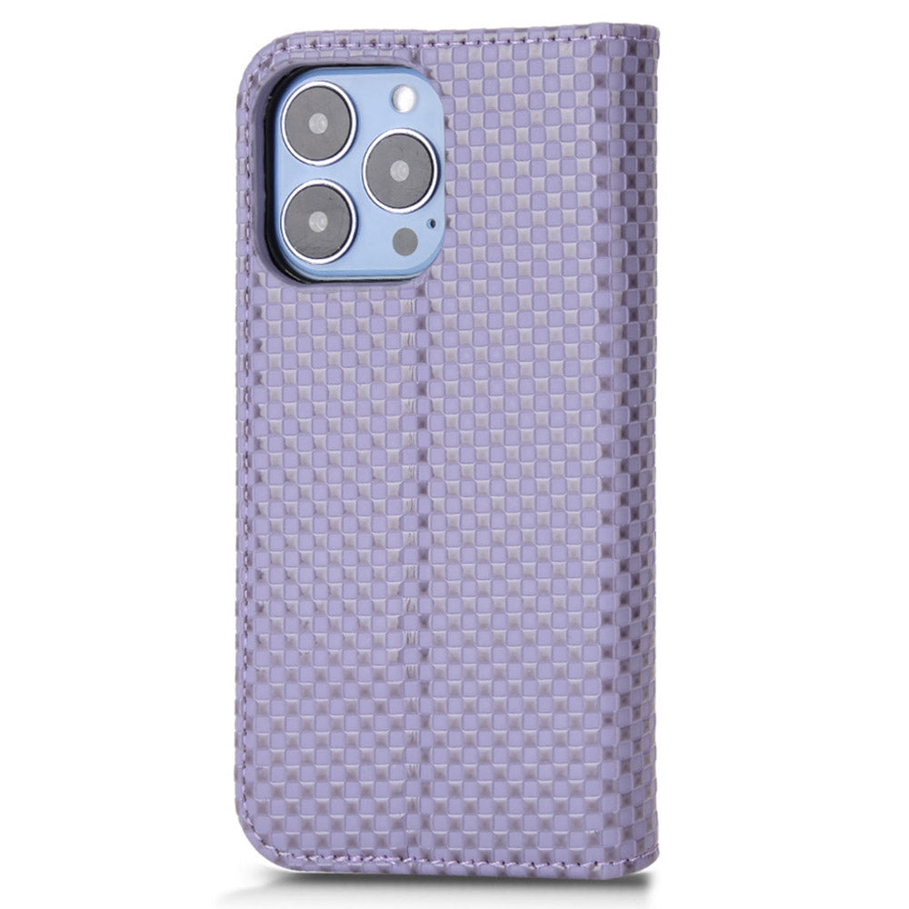 For iPhone 13 Pro 6.1 inch Grid Texture PU Leather Stand Case Magnetic Auto-absorbed Cell Phone Wallet Cover