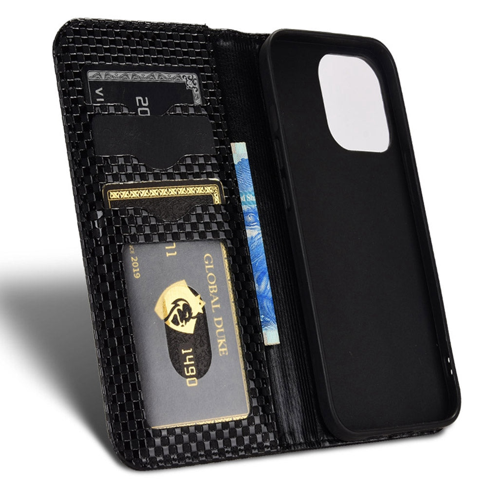 For iPhone 13 Pro 6.1 inch Grid Texture PU Leather Stand Case Magnetic Auto-absorbed Cell Phone Wallet Cover