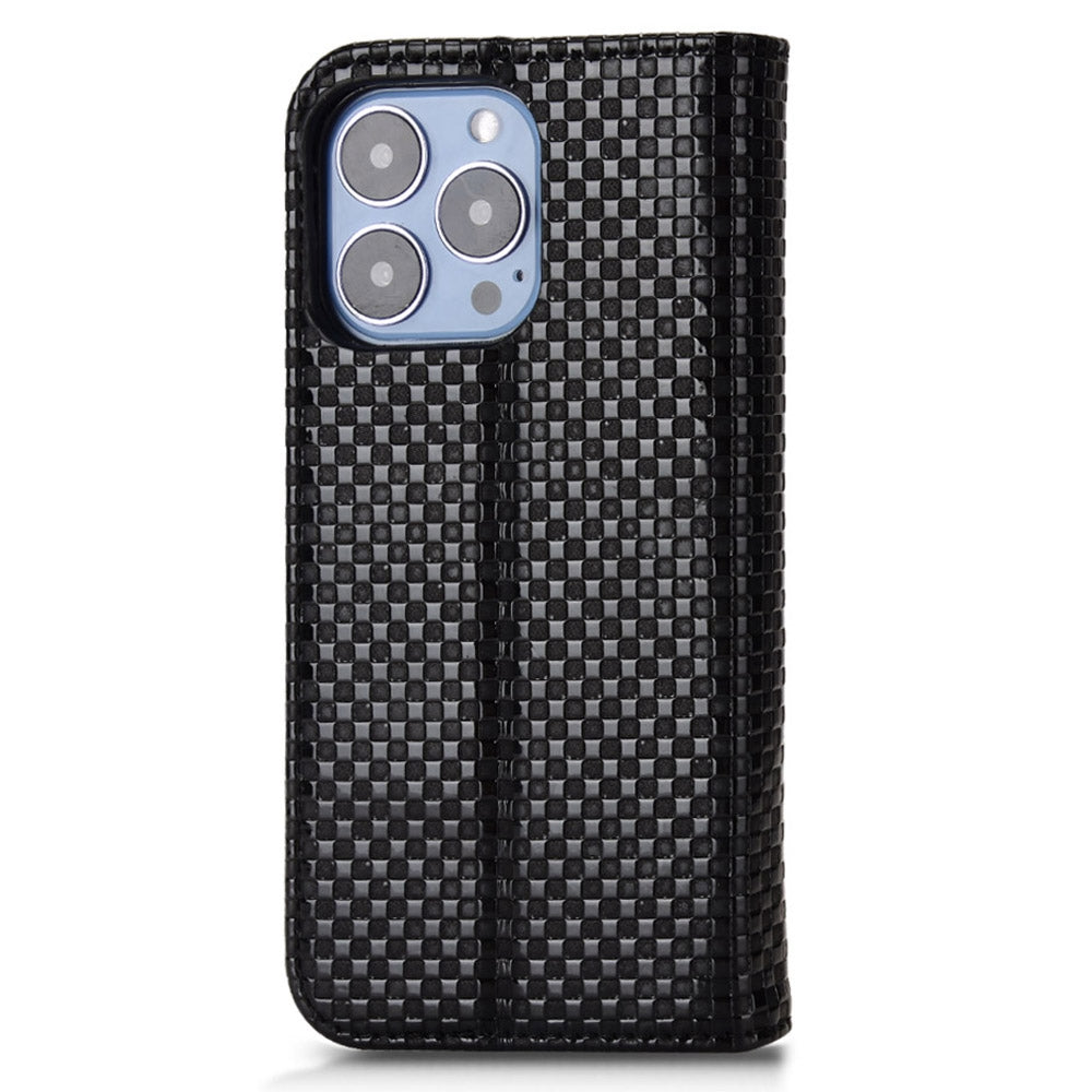 For iPhone 13 Pro 6.1 inch Grid Texture PU Leather Stand Case Magnetic Auto-absorbed Cell Phone Wallet Cover