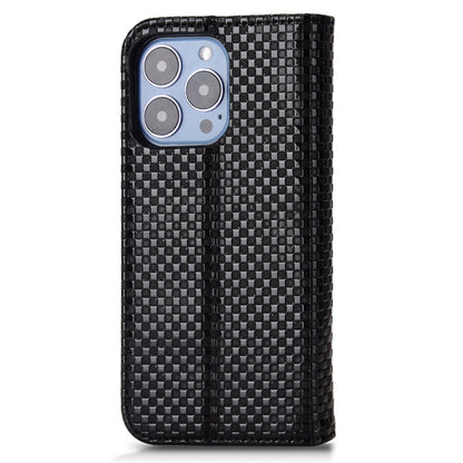 For iPhone 13 Pro 6.1 inch Grid Texture PU Leather Stand Case Magnetic Auto-absorbed Cell Phone Wallet Cover