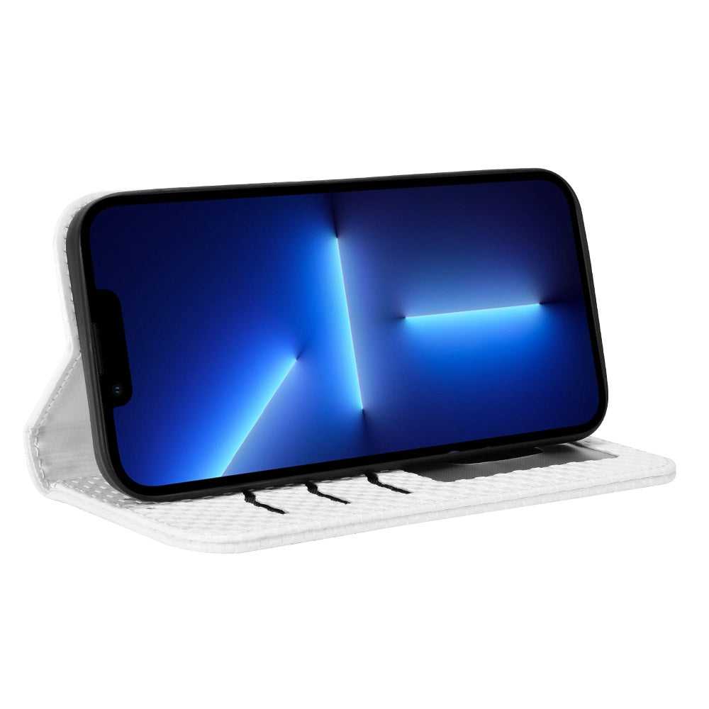 For iPhone 13 Pro 6.1 inch Grid Texture PU Leather Stand Case Magnetic Auto-absorbed Cell Phone Wallet Cover