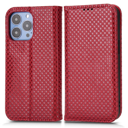 For iPhone 13 Pro 6.1 inch Grid Texture PU Leather Stand Case Magnetic Auto-absorbed Cell Phone Wallet Cover