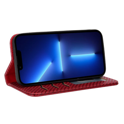 For iPhone 13 Pro 6.1 inch Grid Texture PU Leather Stand Case Magnetic Auto-absorbed Cell Phone Wallet Cover