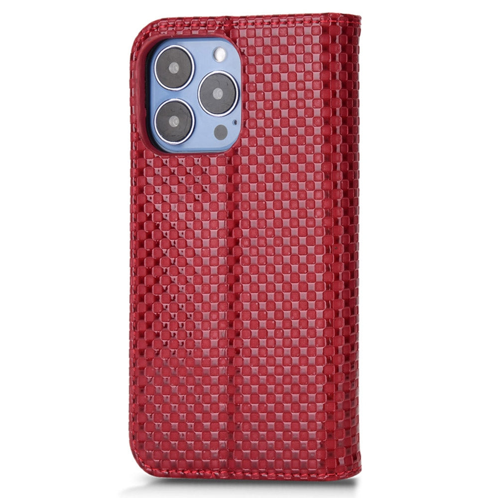 For iPhone 13 Pro 6.1 inch Grid Texture PU Leather Stand Case Magnetic Auto-absorbed Cell Phone Wallet Cover