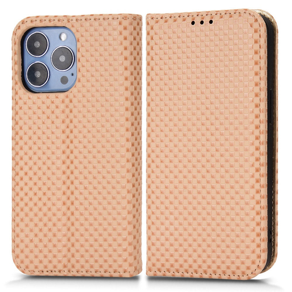 For iPhone 13 Pro 6.1 inch Grid Texture PU Leather Stand Case Magnetic Auto-absorbed Cell Phone Wallet Cover