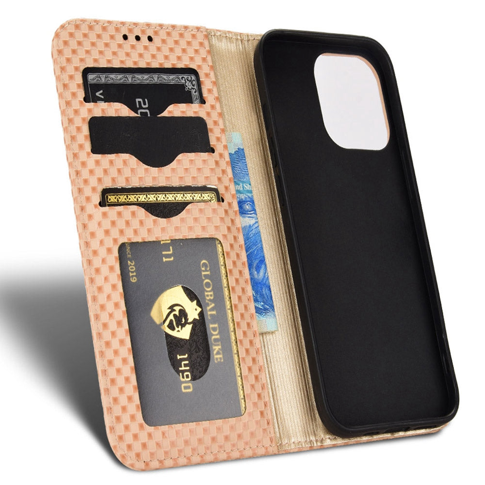 For iPhone 13 Pro 6.1 inch Grid Texture PU Leather Stand Case Magnetic Auto-absorbed Cell Phone Wallet Cover