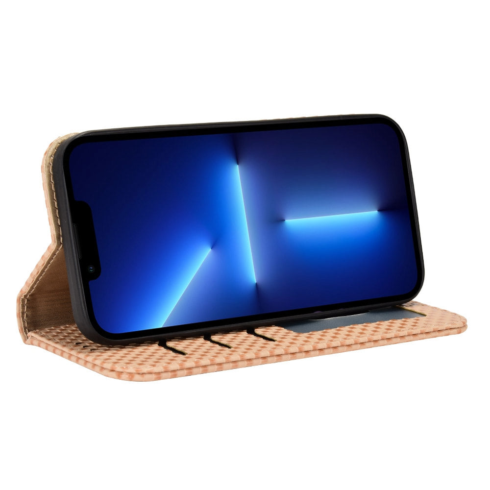 For iPhone 13 Pro 6.1 inch Grid Texture PU Leather Stand Case Magnetic Auto-absorbed Cell Phone Wallet Cover