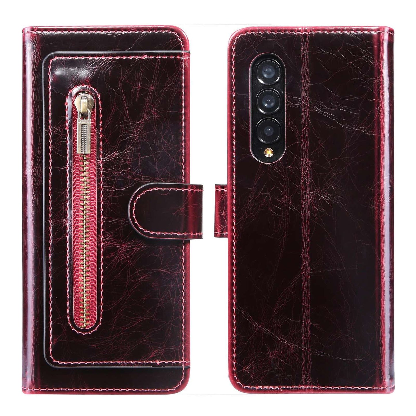 For Samsung Galaxy Z Fold3 5G Waxy Texture Zipper Pocket PU Leather Case Stand Wallet Folio Flip Phone Cover