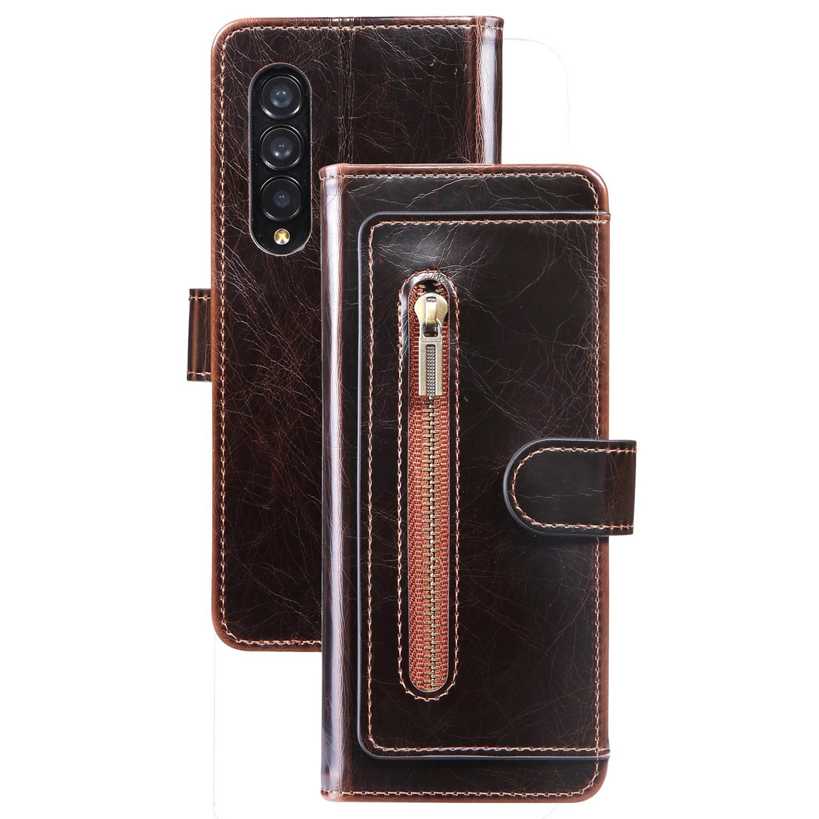 For Samsung Galaxy Z Fold3 5G Waxy Texture Zipper Pocket PU Leather Case Stand Wallet Folio Flip Phone Cover