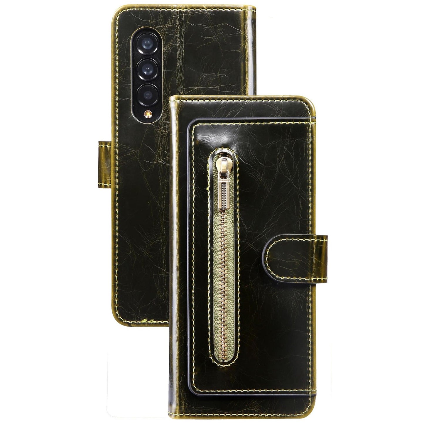 For Samsung Galaxy Z Fold3 5G Waxy Texture Zipper Pocket PU Leather Case Stand Wallet Folio Flip Phone Cover
