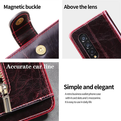 For Samsung Galaxy Z Fold3 5G Waxy Texture Zipper Pocket PU Leather Case Stand Wallet Folio Flip Phone Cover