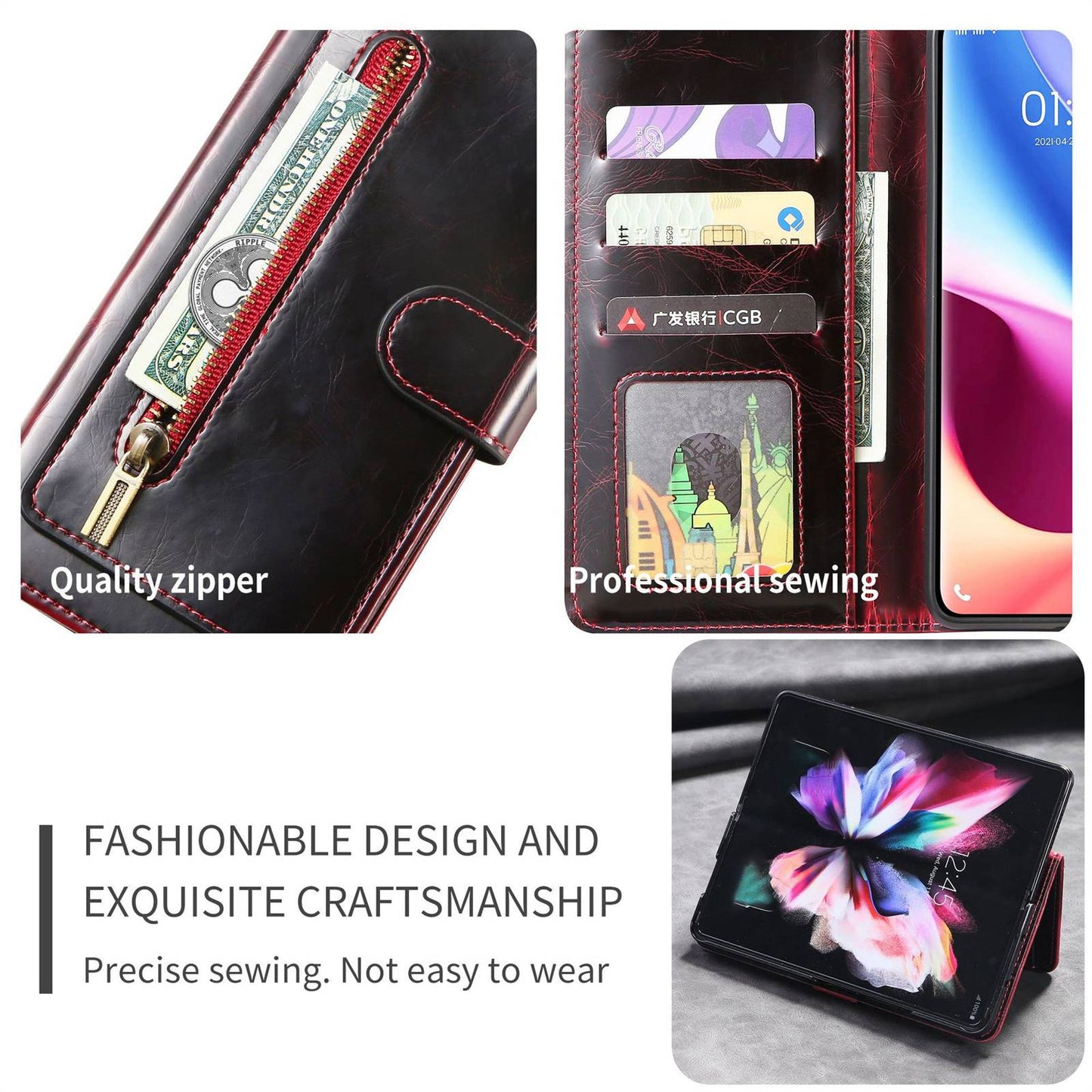 For Samsung Galaxy Z Fold3 5G Waxy Texture Zipper Pocket PU Leather Case Stand Wallet Folio Flip Phone Cover