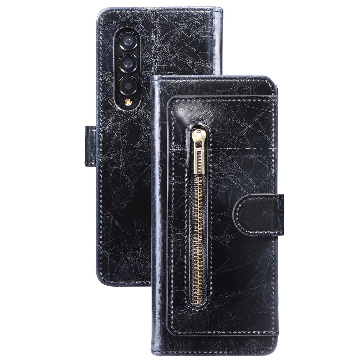 For Samsung Galaxy Z Fold3 5G Waxy Texture Zipper Pocket PU Leather Case Stand Wallet Folio Flip Phone Cover