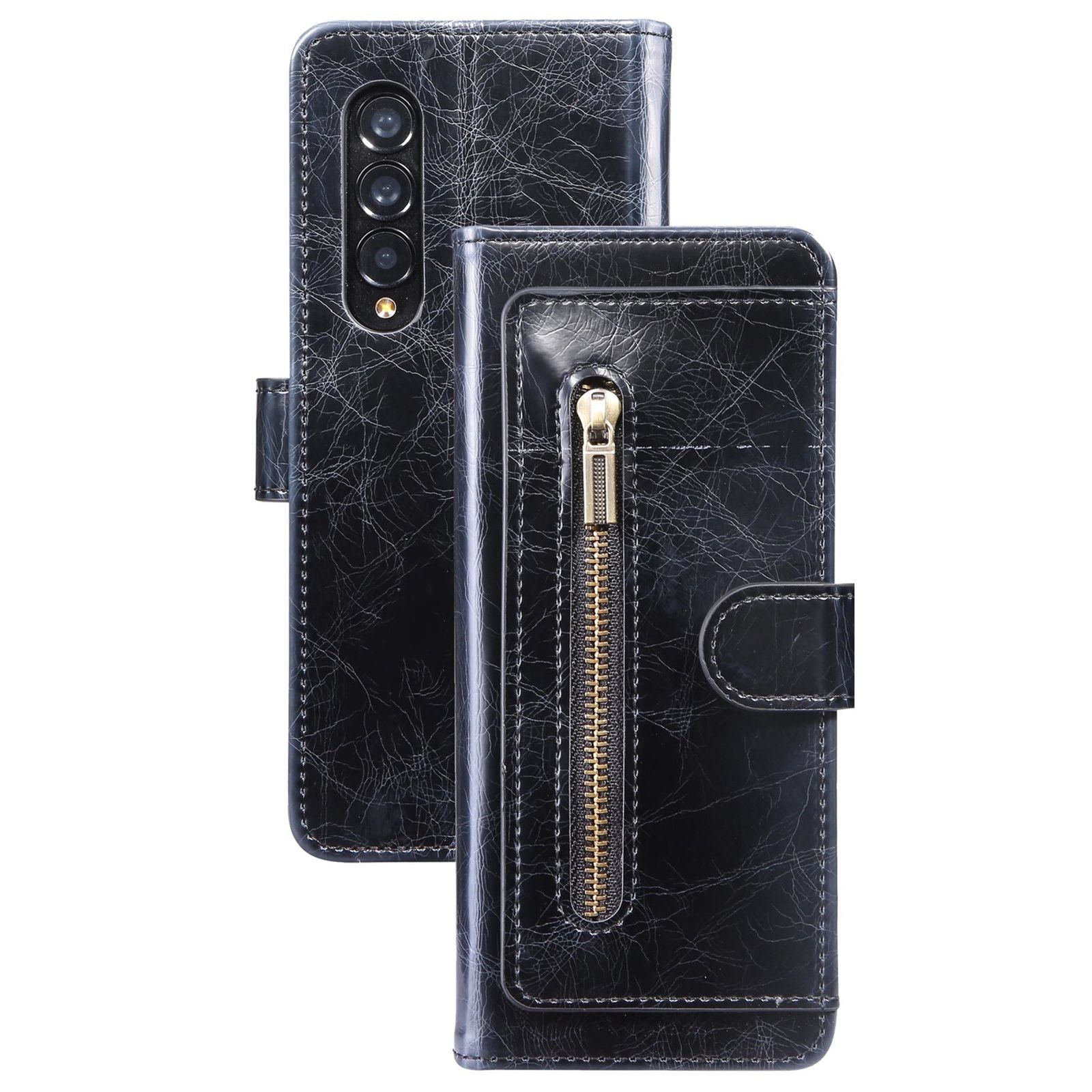 For Samsung Galaxy Z Fold3 5G Waxy Texture Zipper Pocket PU Leather Case Stand Wallet Folio Flip Phone Cover