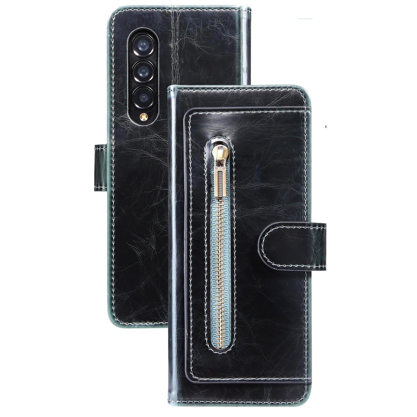 For Samsung Galaxy Z Fold3 5G Waxy Texture Zipper Pocket PU Leather Case Stand Wallet Folio Flip Phone Cover