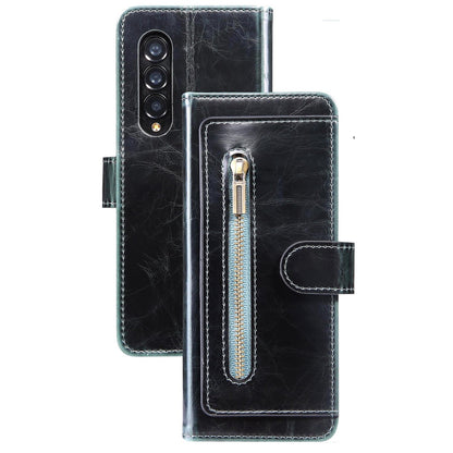 For Samsung Galaxy Z Fold3 5G Waxy Texture Zipper Pocket PU Leather Case Stand Wallet Folio Flip Phone Cover