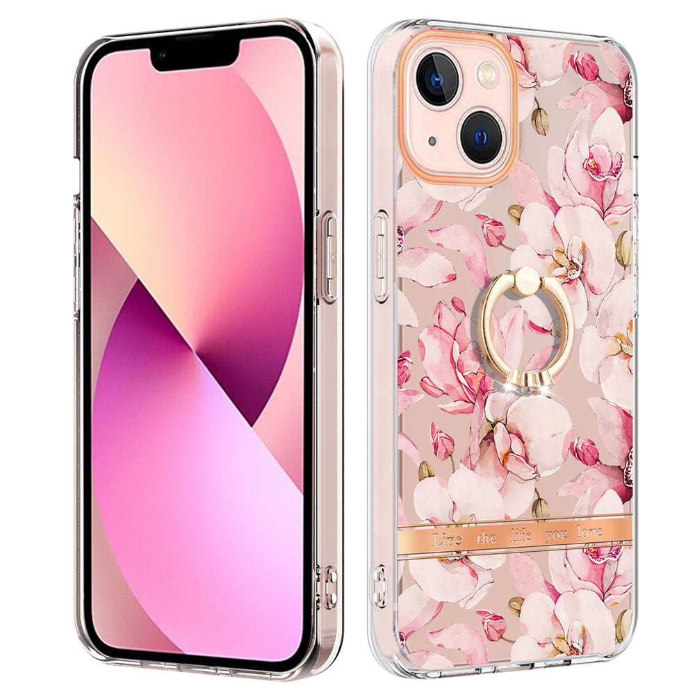 YB IMD-12 Series for iPhone 14 6.1 inch Electroplating Flower Pattern Ring Holder Kickstand Feature IML IMD TPU Cell Phone Cover Case