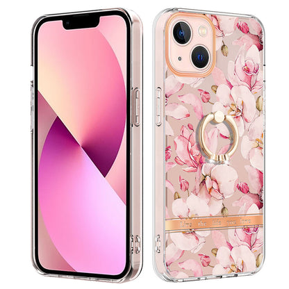 YB IMD-12 Series for iPhone 14 6.1 inch Electroplating Flower Pattern Ring Holder Kickstand Feature IML IMD TPU Cell Phone Cover Case