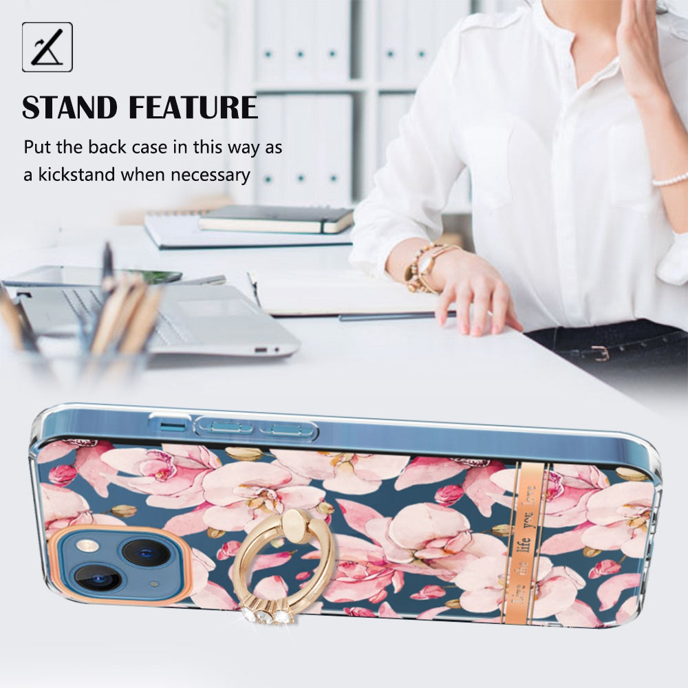 YB IMD-12 Series for iPhone 14 6.1 inch Electroplating Flower Pattern Ring Holder Kickstand Feature IML IMD TPU Cell Phone Cover Case